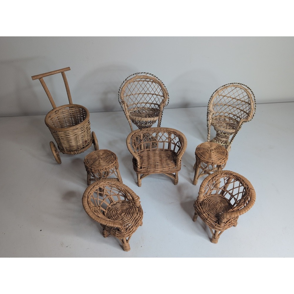 Vtg Lot Of 8 Barbie Doll Furniture Rattan Chairs Table Loveseat Push Cart Wicker